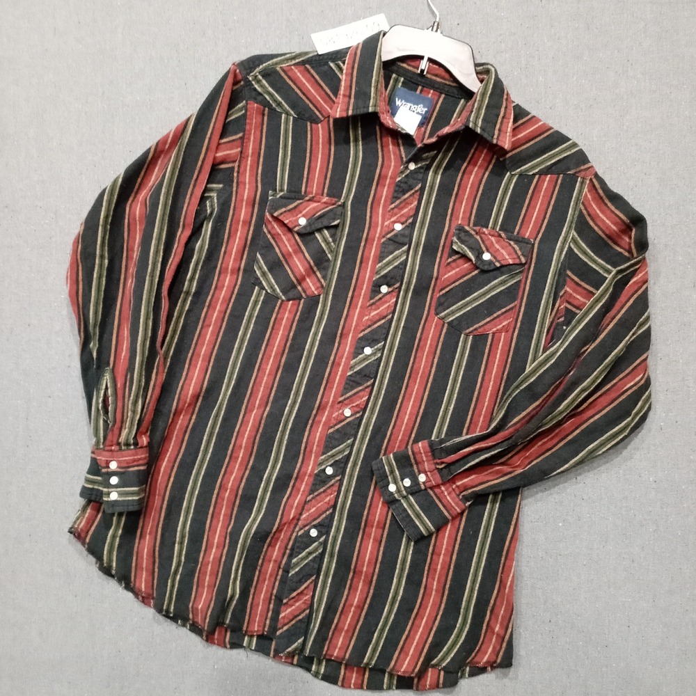 Wrangler Vintage Pearl Snap Western Shirt Red Green Black Striped XLT Long